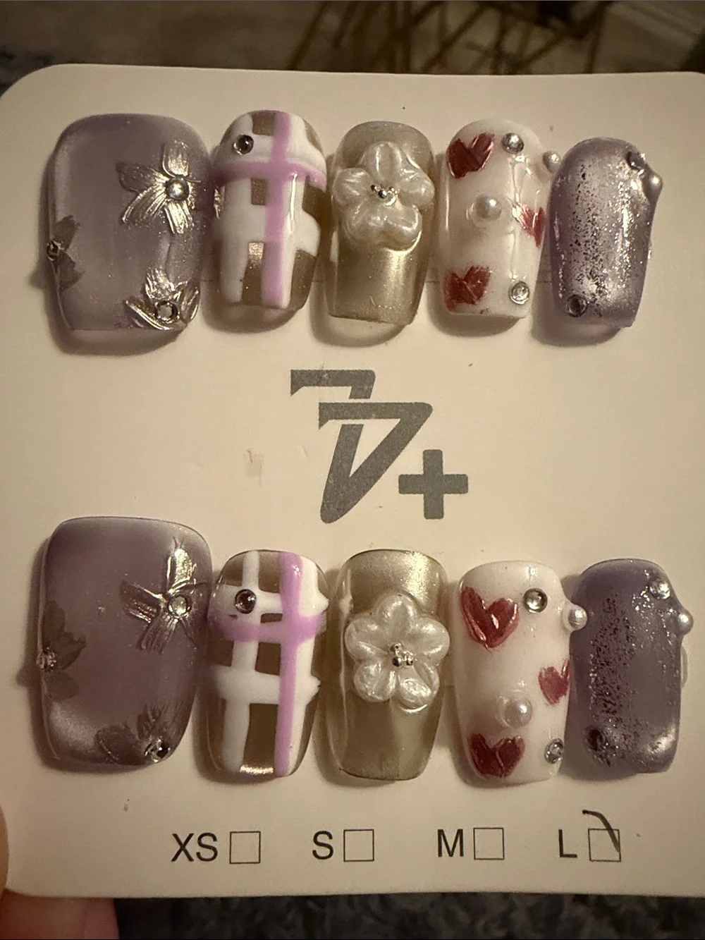 Handmade acrylic Press-On Nail Set with Cateye Lavender, Pearl & Heart Accents